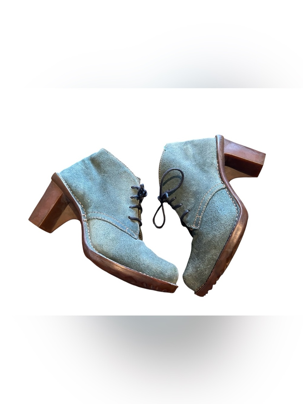 El Naturalista Teal Suede Lace-Up Block Heel Ankle Boots